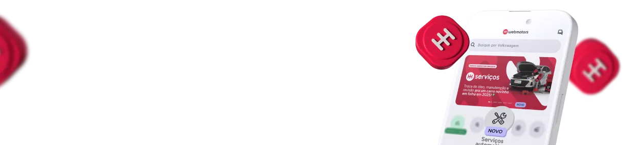Celular mostrando na tela o aplicativo da Webmotors com detalhe para o ícone de serviços automotivos no app.