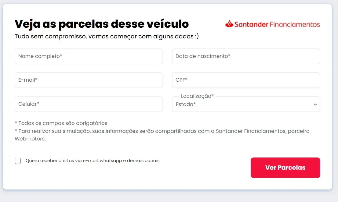  Simulação de financiamento de veículos Webmotors em parceria com o Santander Financiamentos